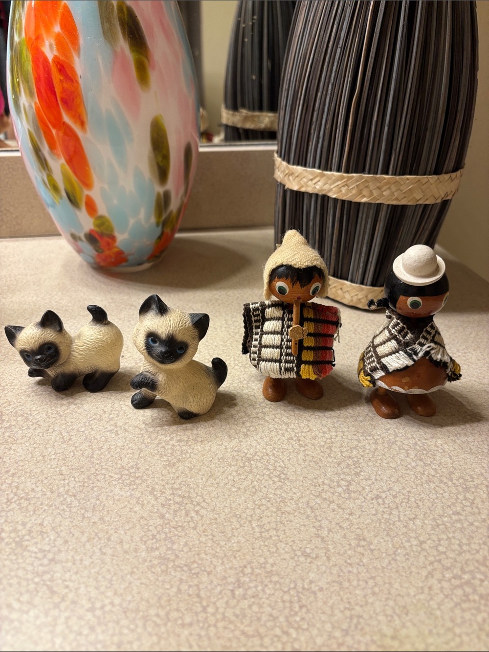 Wooden Figurines and Siamese Cat Set - Neutral Tones